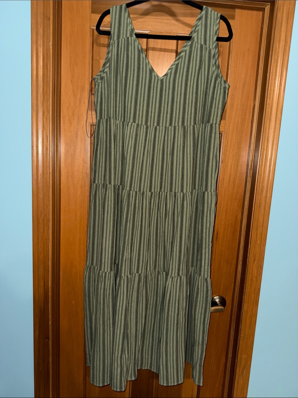 Cozy Casual Olive Green Striped Tiered Maxi Dress